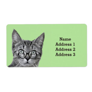 Étiquette Cute Cat with Glasses on Light Green Address Label