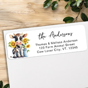 Étiquette Cute Cow Sunflowers Farm Animal Adresse de retour
