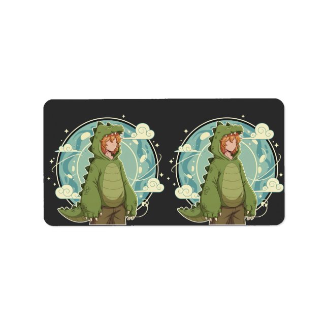 Étiquette Cute Dino Friend Anime Boy - Green Dinosaur (Devant)