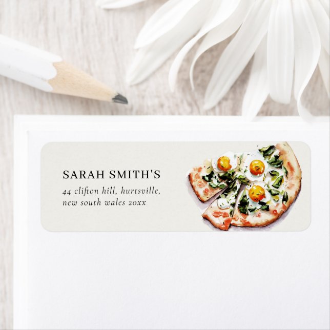 Étiquette Cute Elegant Oeuf Basil Pizza Aquarelle Adresse (En situation)