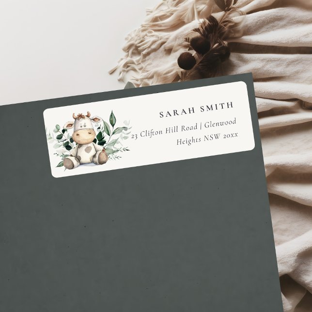 Étiquette Cute Farm Cow Foliage Pastel Neutral Anniversaire  (Créateur téléchargé)