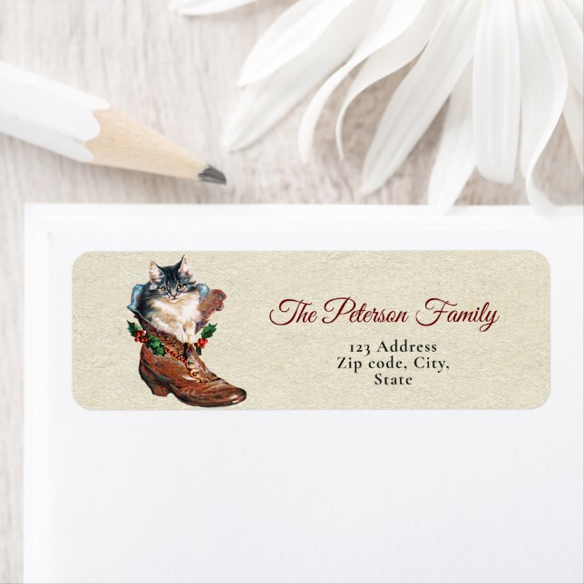 Étiquette Cute Festive Vintage Christmas Kitten en démarrage (En situation)