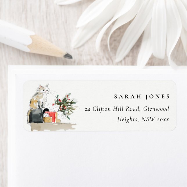Étiquette Cute Moderne Aquarelle Noël Cadeau Chat Adresse (En situation)