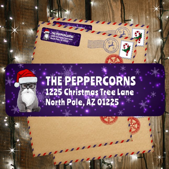 Étiquette Cute Père Noël Christmas Chat Purple Adresse de re (Available in multiple colors. Personalize and make it your own!)