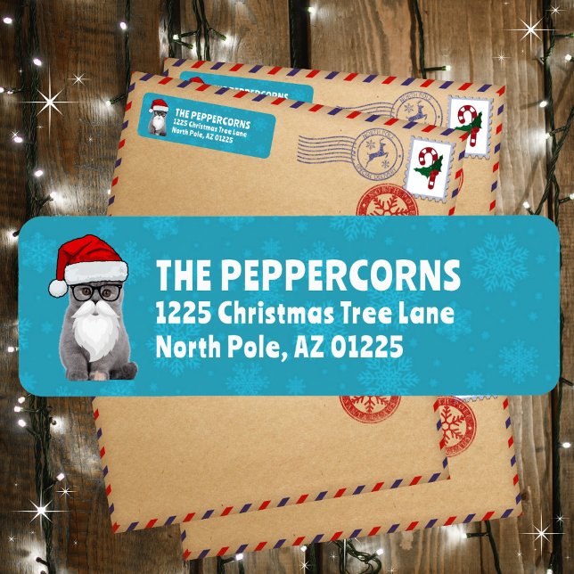 Étiquette Cute Père Noël Christmas Chat Turquoise Adresse de (Available in multiple colors. Personalize and make it your own!)