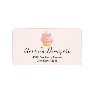 Étiquette Cute Pink Cupcake Unicorn with Roses 