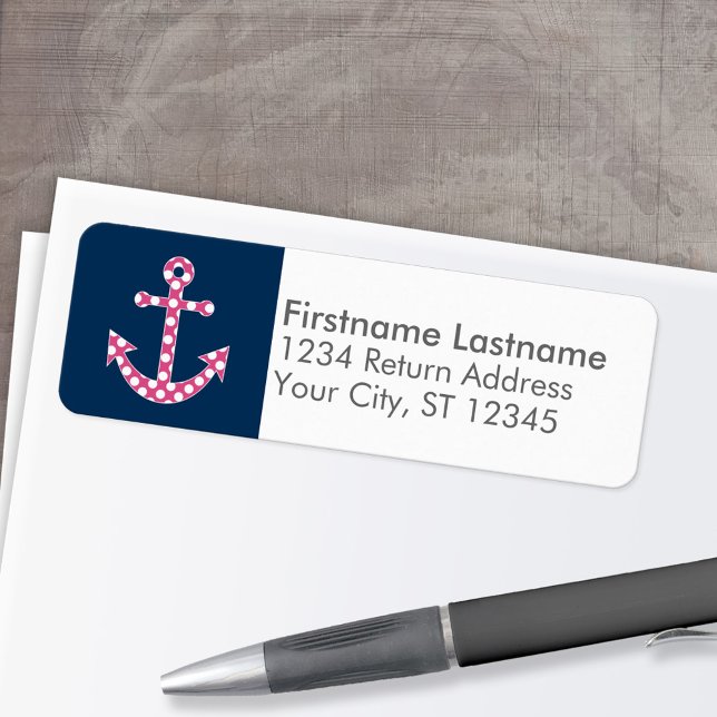 Étiquette Cute Pink Polka Point Ancre Navy - Adresse de reto (Custom Return Address Labels - Low Minimum)