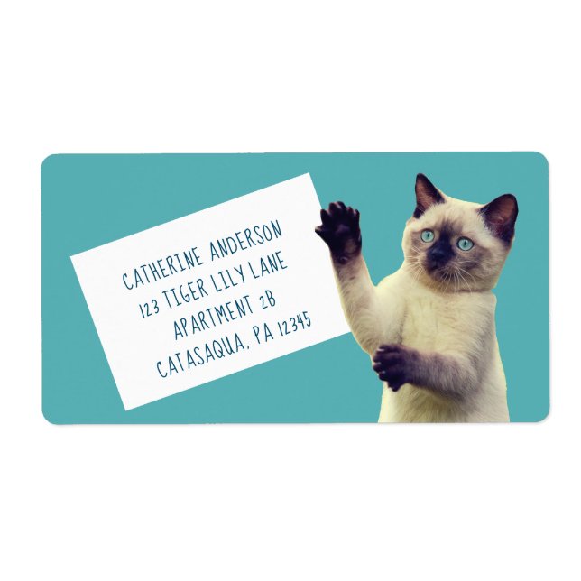 Étiquette Cute Siamese Kitten Turquoise Bleu Grand (Devant)