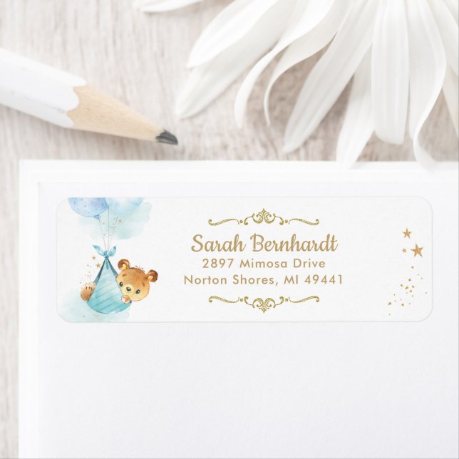 Étiquette Cute Teddy Bear Boy Baby shower Adresse de retour (En situation)