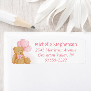 Étiquette Cute Teddy Bear Pink Heart Balloons Return Address