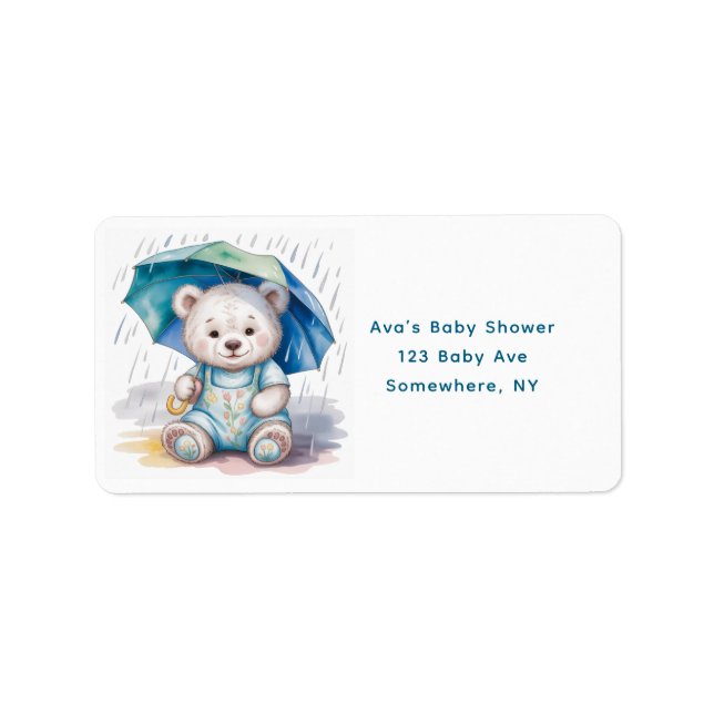 Étiquette Cute Teddy Bear With Umbrella Boy Baby Shower (Devant)