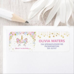 Étiquette Cute Unicorn 1st Birthday Party Adresse de retour