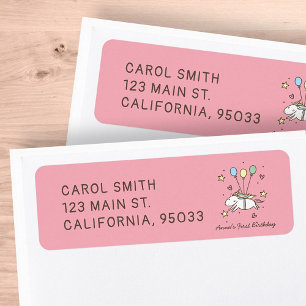 Étiquette Cute Unicorn volant sur des ballons Anniversaire