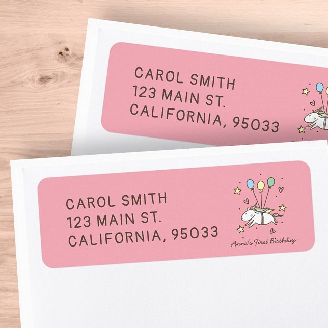 Étiquette Cute Unicorn volant sur des ballons Anniversaire (Créateur téléchargé)