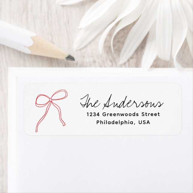 Étiquette Cute Whimsical Hand Drawn Red Ribbon Bow  (En situation)