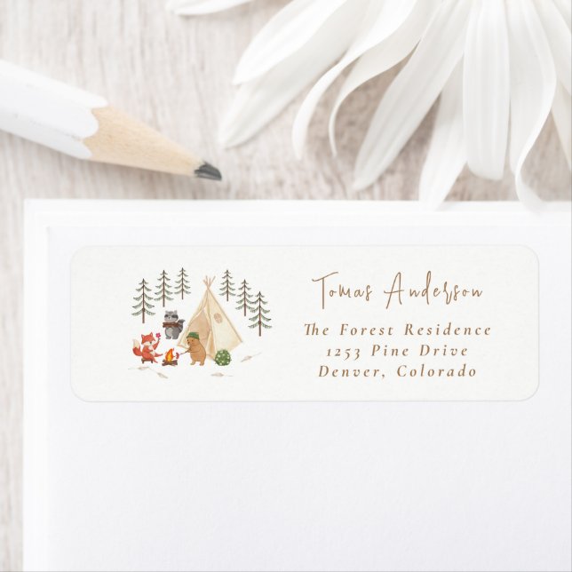 Étiquette Cute Woodland Animaux Baby shower Adresse de retou (En situation)