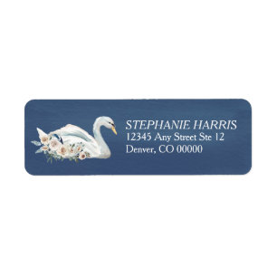Étiquette Cygne floral blanc sur bleu