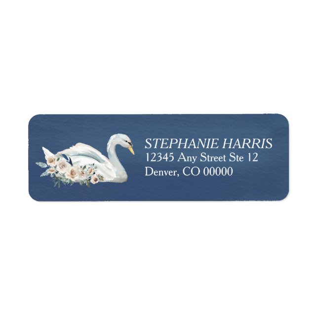 Étiquette Cygne floral blanc sur bleu (Devant)