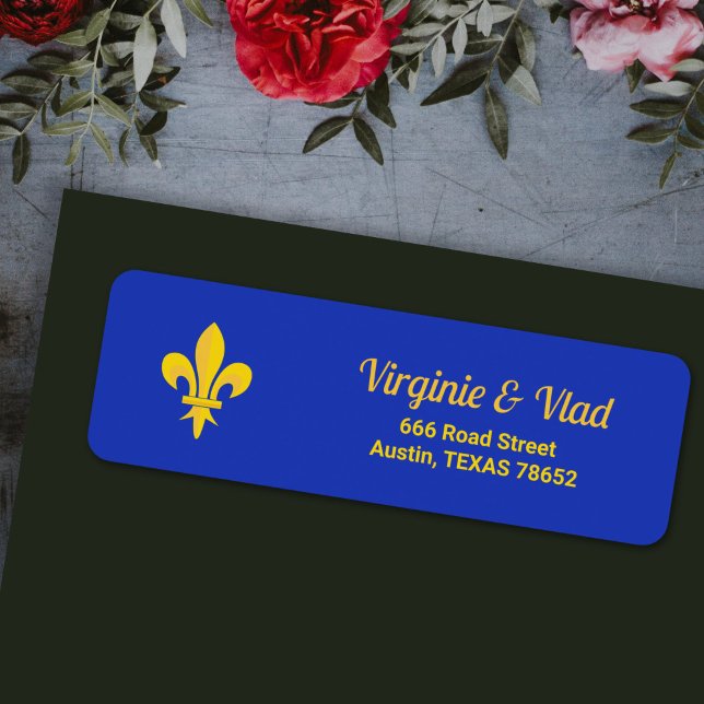Étiquette d'adresse bleu roi avec Fleur de Lys Or (Fleur de Lis on Royal Blue return address label)