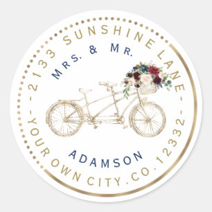 Étiquette d'adresse circulaire vélo floral bleu de