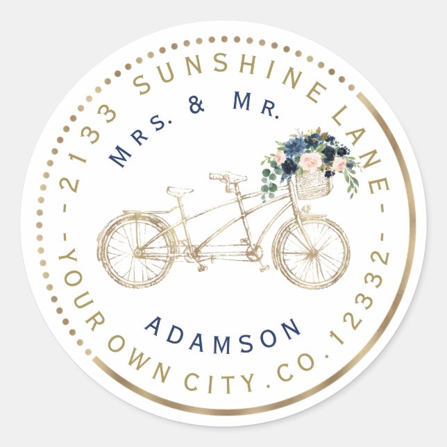 Étiquette d'adresse circulaire vélo floral Blue Bl (Devant)