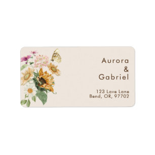 Étiquette d'adresse de mariage beige au tournesol