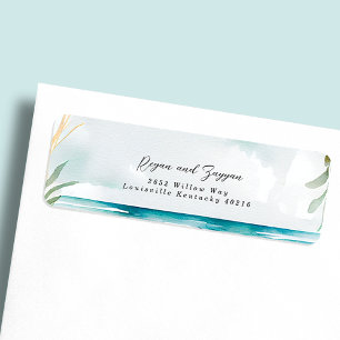 Étiquette d'adresse de mariage de scène de plage à