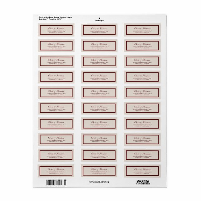Étiquette d'adresse de retour de mariage Burgundy  (Feuille entière)