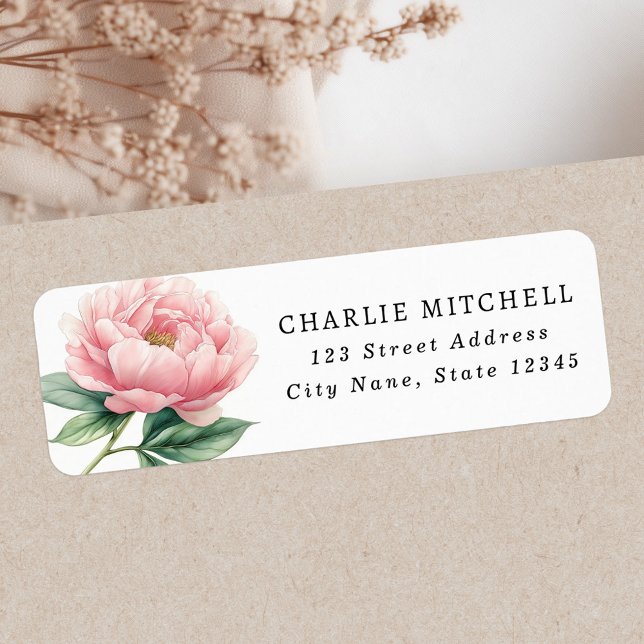 Étiquette d'adresse de retour de peinture de pivoi (Pink peony flower painting return address label)
