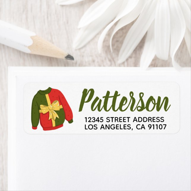 Étiquette d'adresse de retour de pull de Noël laid (En situation)