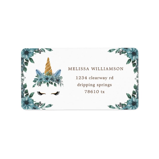 étiquette d'adresse de retour floral bleu unicorne (Devant)