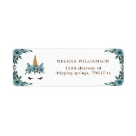 étiquette d'adresse de retour floral bleu unicorne