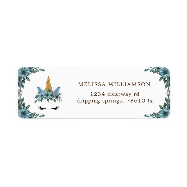 étiquette d'adresse de retour floral bleu unicorne (Devant)