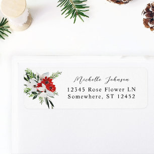Étiquette d'adresse de retour Floral de Noël rouge