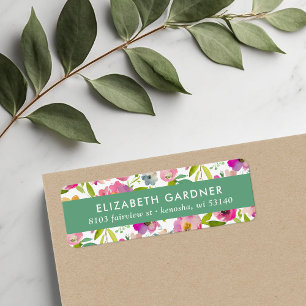 Étiquette d'adresse de retour florale rose et vert