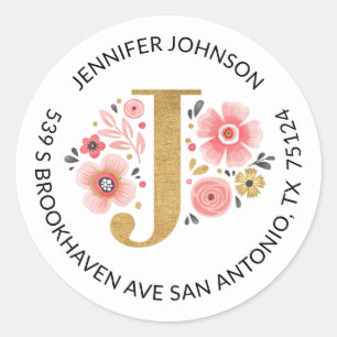 Étiquette d'adresse de retour or Monogramme rose F