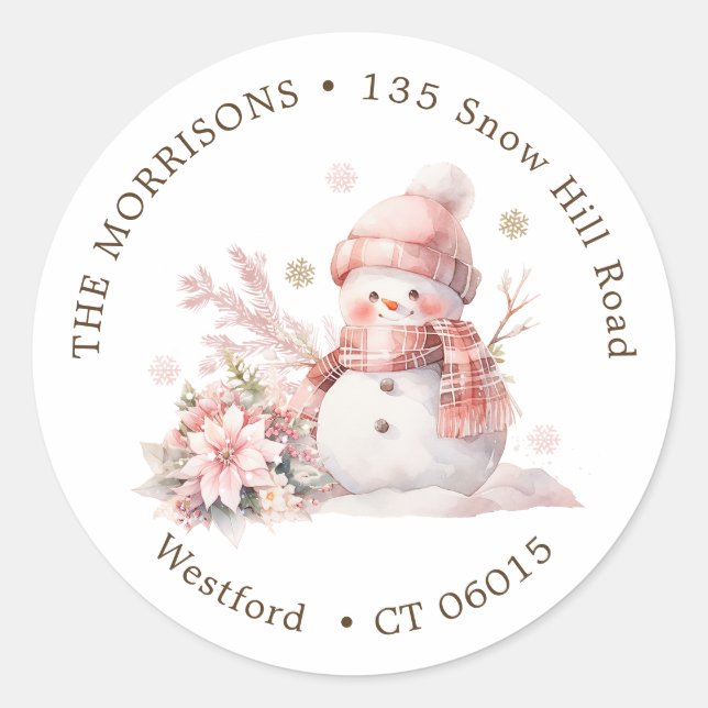 Étiquette d'adresse de retour Pink Christmas Snowm (Devant)