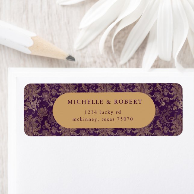 Étiquette d'adresse de retour Royal Purple Damask (En situation)