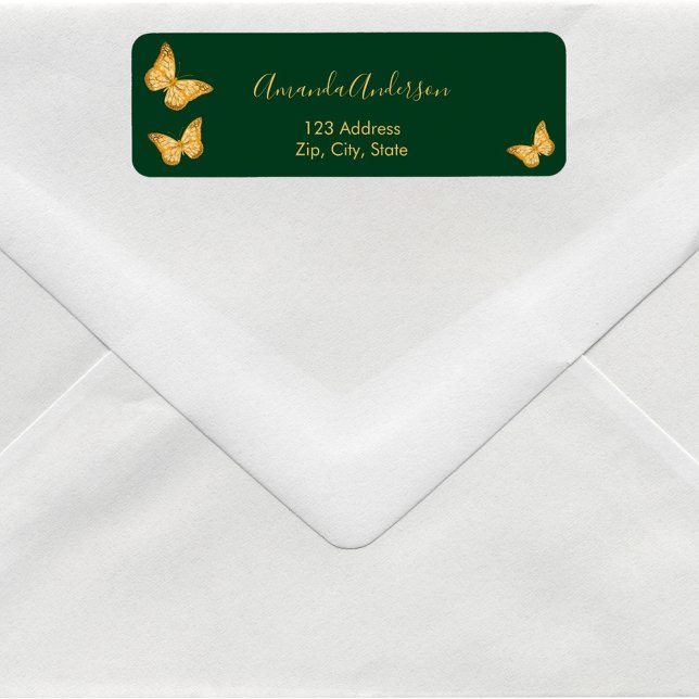 Étiquette d'adresse de retour vert émeraude papill (Créateur téléchargé)