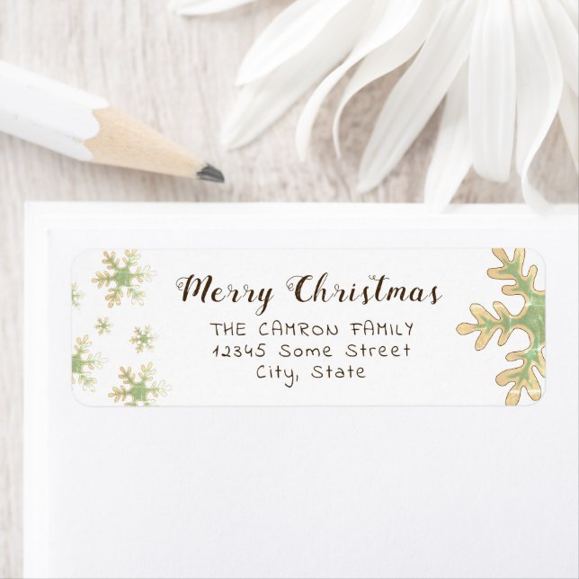 Étiquette d'adresse Joyeux Noël écriture Snowflake (En situation)