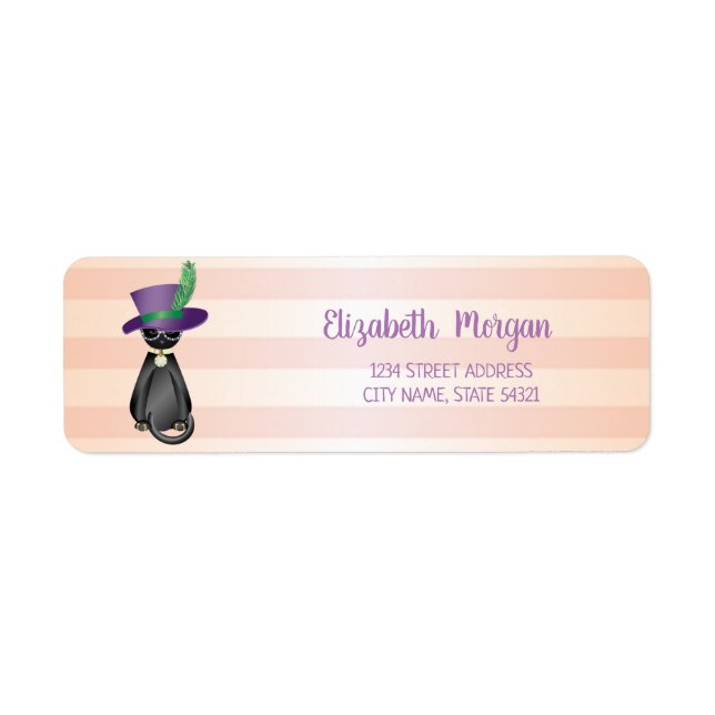 Étiquette d'adresse rayée girly, chat fantaisiste, (Devant)