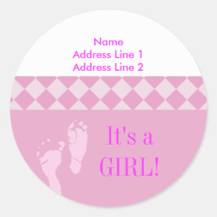 Étiquette d'adresse ronde rose pieds de bébé Baby