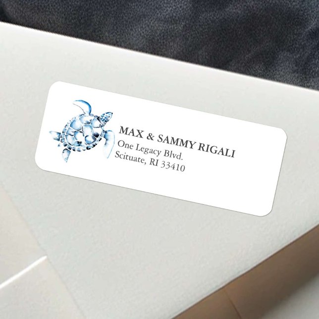 Étiquette d'adresse Tortue Marine Aquarelle Bleue (beach sea turtle return address labels watercolor art by Victoria Grigaliunas of Do Tell A Belle)