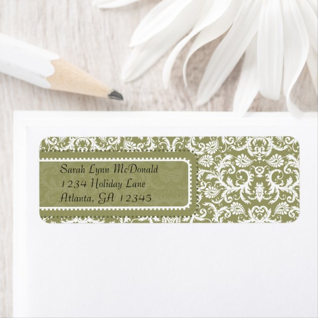 Étiquette Damas blanc sur gris vert olive Adresse de retour (En situation)