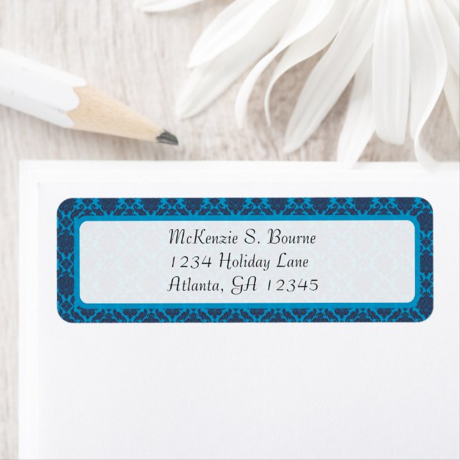 Étiquette Damask Bright Aqua & Navy Adresse de retour (En situation)