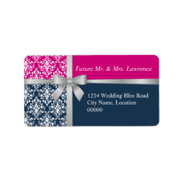 Étiquette Damask Faux Silver Ribbon Navy Blue Fuchsia