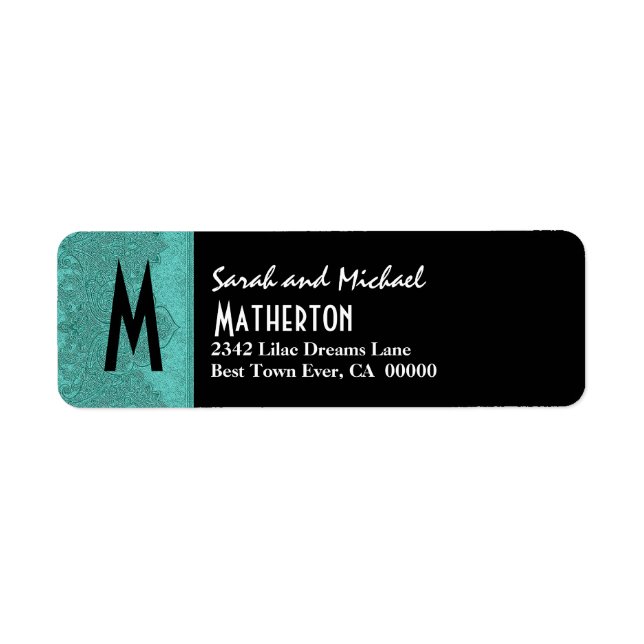 Étiquette Damask Ribbon Moderne Monogramme Vert Noir V007 (Devant)