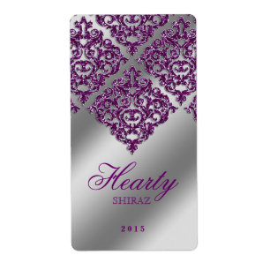 Étiquette Damask Wedding Wine Label Sparkle Purple Silver