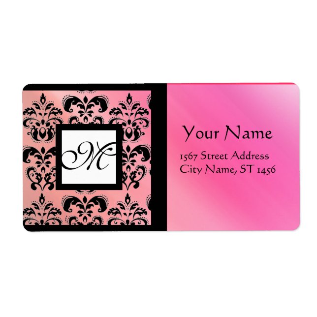ÉTIQUETTE DAMASSÉ EN SOIE ROSE NOIRE FUCHSIA, MONOGRAMME (Devant)