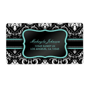 Étiquette Damassé noire et blanche élégante avec le bleu